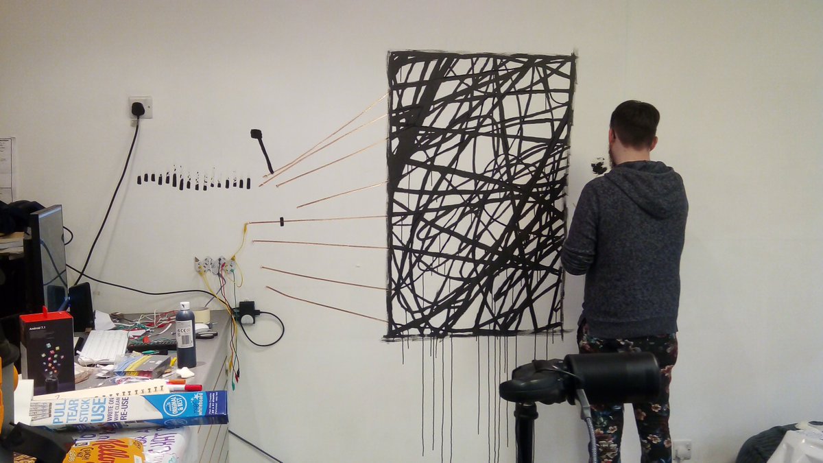 ImmersiveTangle's tweet photo. Today at Tangle: Conductive paint and @Playtronica experiments. Creating an interactive sound wall-thing. So far both the conductive paint AND normal paint seem to be conducting electricity🤔... as well as the wall?
#playtronica #immersive #interactivewall #startup #immersivetech https://t.co/bNOymZVFCt
