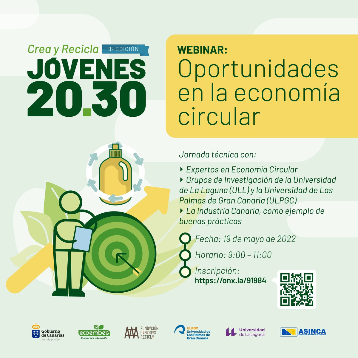 canariasrecicla's tweet photo. 🌎♻️"Jóvenes 20.30" - #CreayRecicla 8ª edición.
¡No te puedes perder el webinar “Oportunidades en la economía circular” mañana a las 9:00 horas!♻️ 
👉Puedes hacer tu inscripción a través del código QR o del siguiente enlace: https://t.co/10Jgscfjec 
#plancanariascircular https://t.co/HTeCPZq4tE