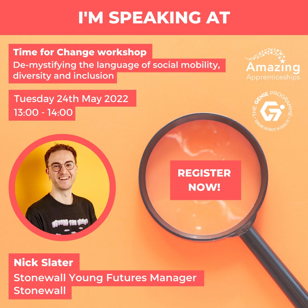 Nick Slater (@nickmslater) on Twitter photo Looking forward to the <a href="/AmazingAppsUK/">Amazing Apprenticeships</a> <a href="/Genie_Programme/">The Genie Programme</a> #TimeForChange workshop on Tuesday 24th May. I’ll be talking apprenticeships, language and LGBTQ+ inclusion with <a href="/AnnaMorrisonCBE/">Anna Morrison CBE</a> & other great speakers. <a href="/stonewalluk/">Stonewall</a> Register: tinyurl.com/TfCMay Looking forward to the <a href="/AmazingAppsUK/">Amazing Apprenticeships</a> <a href="/Genie_Programme/">The Genie Programme</a> #TimeForChange workshop on Tuesday 24th May. I’ll be talking apprenticeships, language and LGBTQ+ inclusion with <a href="/AnnaMorrisonCBE/">Anna Morrison CBE</a> & other great speakers. <a href="/stonewalluk/">Stonewall</a> Register: tinyurl.com/TfCMay