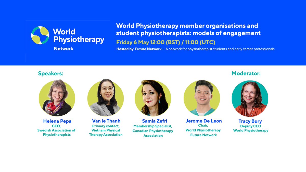 WorldPhysio1951's tweet photo. Watch a recording of the @WPhysioFuture webinar on models of engagement between member organisations and #StudentPhysiotherapists and read the transcripts here:
https://t.co/p2dijwY7zv
#GlobalPT #PTStudents @AWcpta @WorldPhysioAWP
@ERWorldPhysio @WorldPhysioNACR @WorldPhysioSAR https://t.co/LKwYYaf3JR