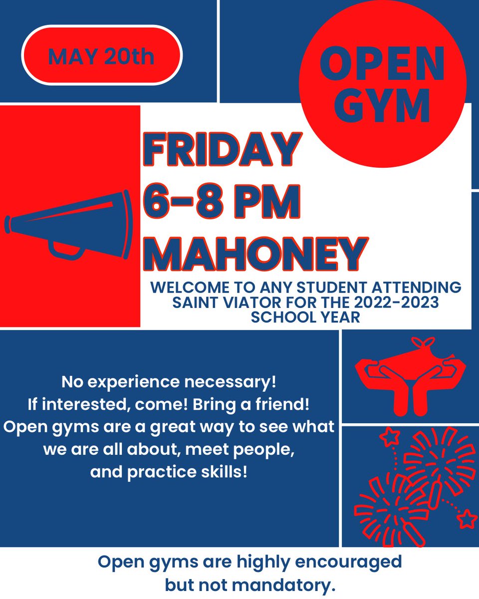 Open Gym Friday!
Open to all students attending Saint Viator for the 2022-2023 school year, no experience necessary! Come work on skills to prepare for tryouts 📣

Before coming in, If it will be your first time attending an open gym, please fill out the interest form in our bio.