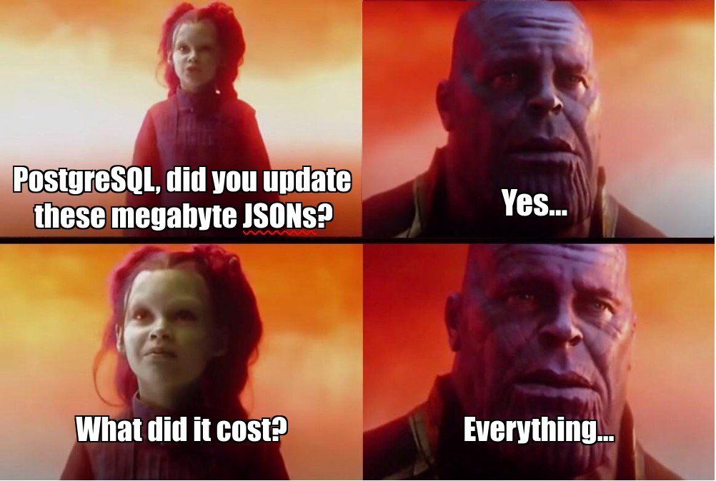 Envek's tweet photo. — PostgreSQL, did you update all these megabyte-long JSON I gave you?
 — Yes
 — What did it cost?
 — Everything… all the IO on the server.

Let’s talk about how PostgreSQL stores JSONB (yep, it will be a thread about TOAST) 🧵 https://t.co/1CSUJYDBgr