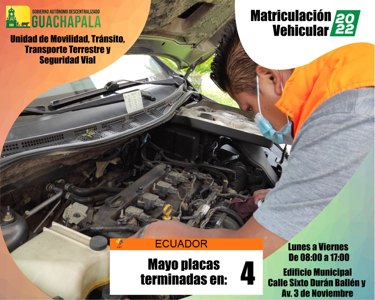 mguachapala's tweet photo. 🚗|| Servicios de Tránsito - La Unidad de Movilidad, Tránsito, Transporte Terrestre y Seguridad Vial, pone a disposición de la ciudadanía sus servicios.

💡Recuerde que en #Mayo ya puede matricular los vehículos cuya placa termine en el dígito 4️⃣. https://t.co/Wm3u4mkZPh