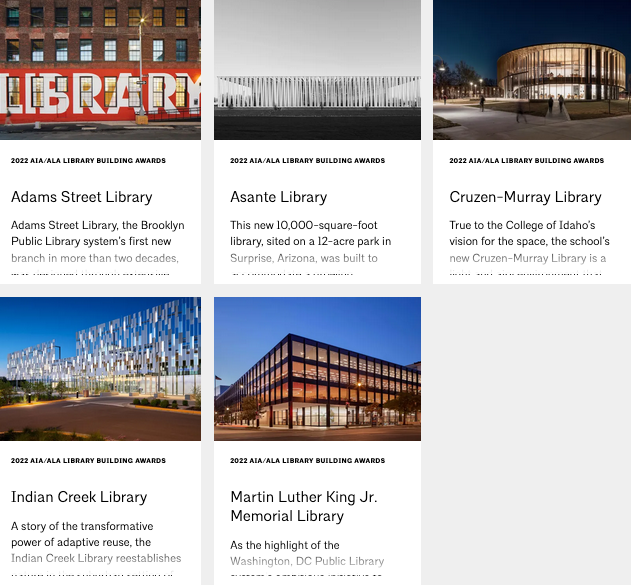 LibraryJournal's tweet image. Five Projects Receive 2022 AIA/ALA Library Building Award ow.ly/fSec50Jb7e1 #libraries #librarydesign #libraryarchitecture