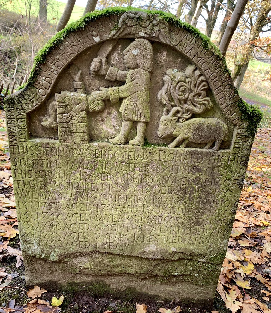 HistChurchScot's tweet photo. Too good not to have another outing for #TreesInChurches, the superb stone in Lundie Kirkyard commemorating the children of Donald Richie and Isabel Gibbins. Five children died between 1746 and 1759 - a pitiful reminder of child mortality
#AnimalsInChurchesHour
#MementoMori https://t.co/3Ywho7GJRd