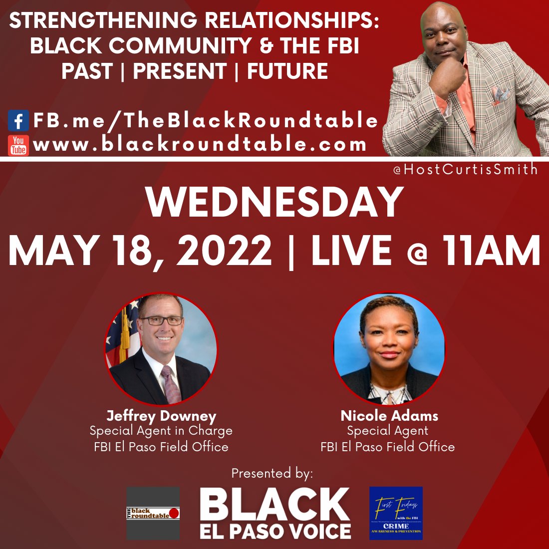 blackepvoice's tweet photo. Join @HostCurtisSmith Live today with @FBIElPaso to discuss #building bridges #strengtheningrelationships between tge #blackcommunity and #lawenforcement entities. https://t.co/LCKsExg1kF YouTube  https://t.co/YTQRD7jlRU 
https://t.co/6uHIjDvWQ3
#blackinelpaso #blackontheborder https://t.co/6DxlmJ3qIU