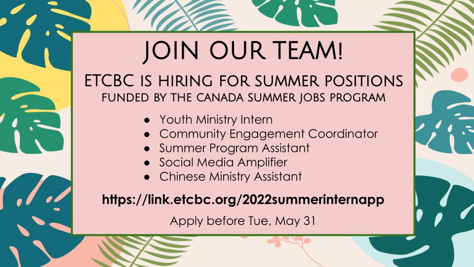 etcbc22's tweet photo. ETCBC is hiring multiple temporary positions, made possible by the #CanadaSummerJobs Program. $15, 35 hrs/wk for 8 weeks in July &amp; Aug. Apply before May 31 https://t.co/m8M3ZyMstt @RevMcCleary @jkwok7 @samwkmo https://t.co/zkTI6X8vlW