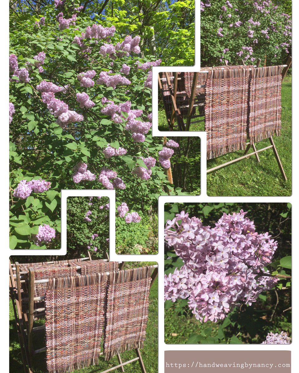 nancyoconnor19's tweet photo. Wet finished and drying in the sun and wind…Shades of brown, white and specks of color rag placemat sets and table runners. And, oh the smell and beauty of the lilacs! #kitchendecor #placement #handwoven #homemade https://t.co/kS7IRUW06n