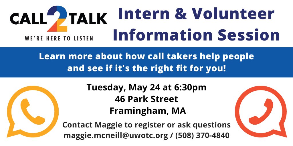 Mass_211's tweet photo. Looking for a volunteer opportunity helping others? Register for our May 24 info session to learn what it means to volunteer at our #Call2Talk mental health helpline. All ages &amp; backgrounds welcome. College students may be able to volunteer to complete an internship requirement. https://t.co/sDn1YzgV6N