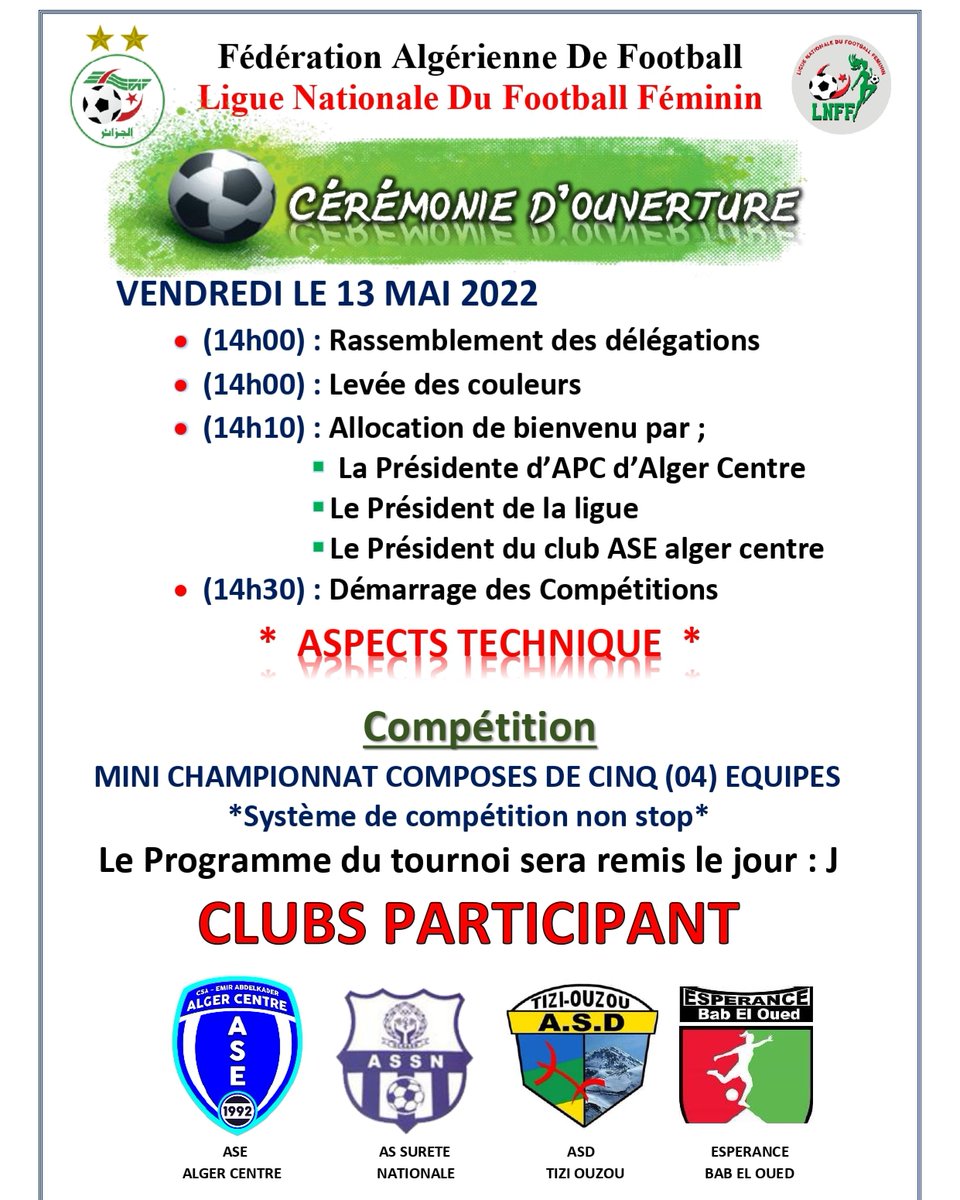 lnffdz's tweet photo. Compétition Nationale U15
- Groupe Zone Oran 1ère phase (14 Mai 2022) https://t.co/JYEPpegM51