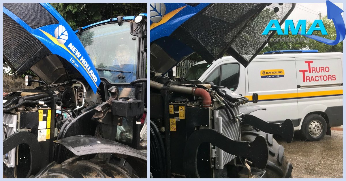 AMAAirCon's tweet photo. A day in the Cornish rain for our magicians yesterday! A fully integrated air conditioning kit fitted to a #NewHolland T5.105 for @TruroTractors. Job jobbed 🚜❄️
#airconinstallation #newholland #notjustashop https://t.co/lRVXVkgHgp