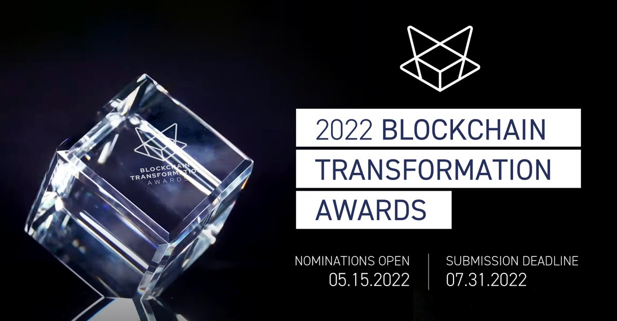 Nominations are now open for the 2022 Blockchain Transformation Awards (formerly known as the Enterprise Blockchain Awards)! Visit bit.ly/39xJKDG for details on this year’s award categories and where to submit a nomination. #BTA2022 #blockchain
