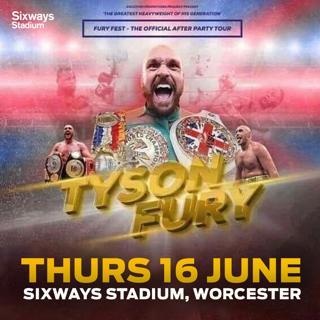 SixwaysStadium's tweet photo. 🥊 TYSON FURY IS HEADING BACK TO WORCESTER!

This is your opportunity to meet the Heavyweight World Champion as he heads to Worcester on Thursday 16 June as part of his official after-party tour.

Tickets are selling FAST so don't miss out, get yours here https://t.co/sNCT0kWPlI https://t.co/8nchIkBcGH