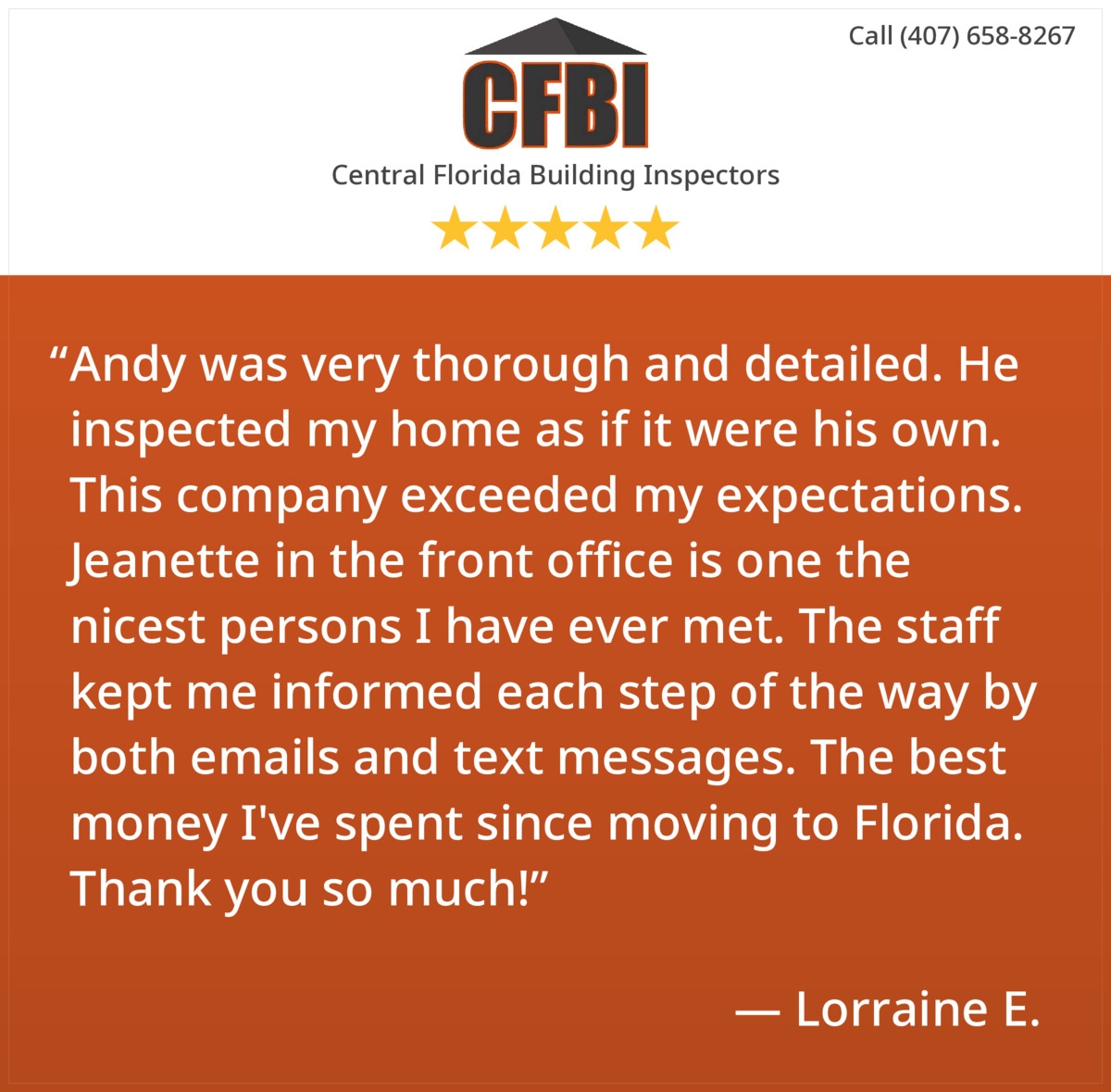cfbinspect's tweet photo. #ThankYou for this amazing #WeeklyWow #review, Lorraine! We hope you LOVE living in Florida just like we do. So happy to hear we exceeded your expectations during your inspection! 🧡 #CFBI #homeinspection #homeinspectors #orlandohomeinspection #orlandorealtors #experiencematters https://t.co/DUN6jG02E4