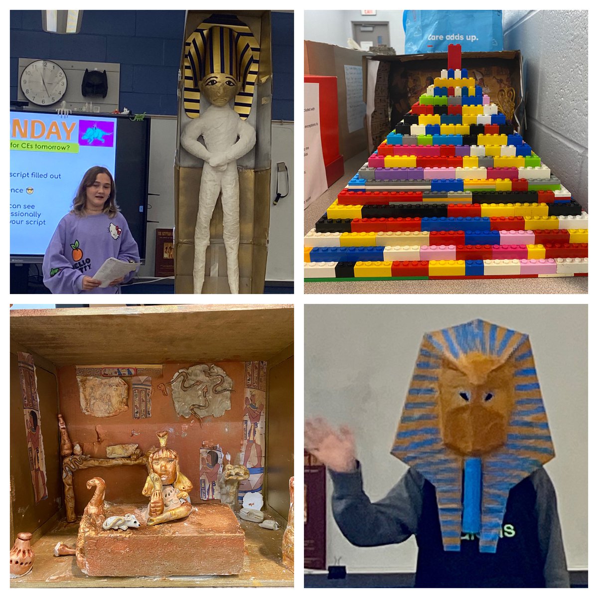 Keipersaurus's tweet photo. That’s a wrap (mummy joke) on our epic Ancient Egyptian Unit Projects! 🙌 6th graders recreated everything from pyramids &amp; pharaoh crowns to canopic jars &amp; tombs. #Keiper6 #NHSMS #NHSSD https://t.co/0rcsL4Vqjo