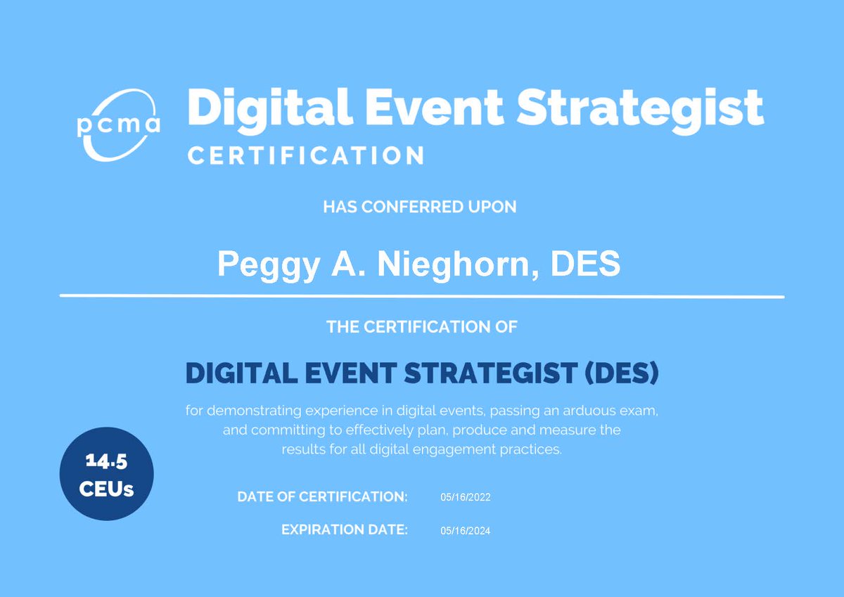 IntertaskConf's tweet photo. 📣@IntertaskConf and JPdL congratulate @PeggyNieghorn on obtaining the Digital Event Strategist (DES) Certification from @pcmahq. Keep learning and growing🎉! #eventprofs #DEScourse @PCMACEC #lifelonglearning #professionaldevelopment #continuingeducation https://t.co/oTw9ufPLjM
