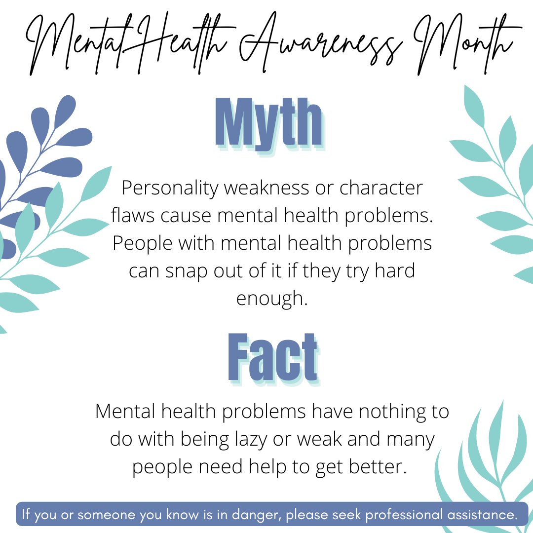 Many factors contribute to mental health problems, including:
💙Biological factors, such as genes, physical illness, injury, or brain chemistry
💙Life experiences, such as trauma or a history of abuse
💙Family history of mental health problems

#MentalHealthAwareness #Myth #Facts
