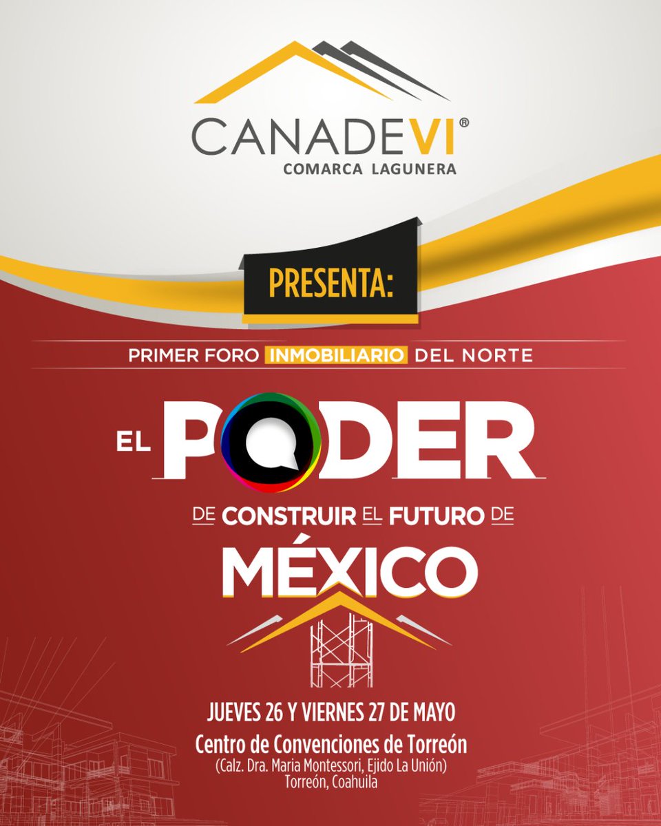 Dos días.
Cinco speakers nacionales e internacionales.
Cinco estados del Norte.
Un objetivo: construir el futuro de México.

El epicentro: Torreón, Coahuila.

Informes: 871 452 7232 (Luis Venegas)

            admonlaguna@canadevi.com.mx