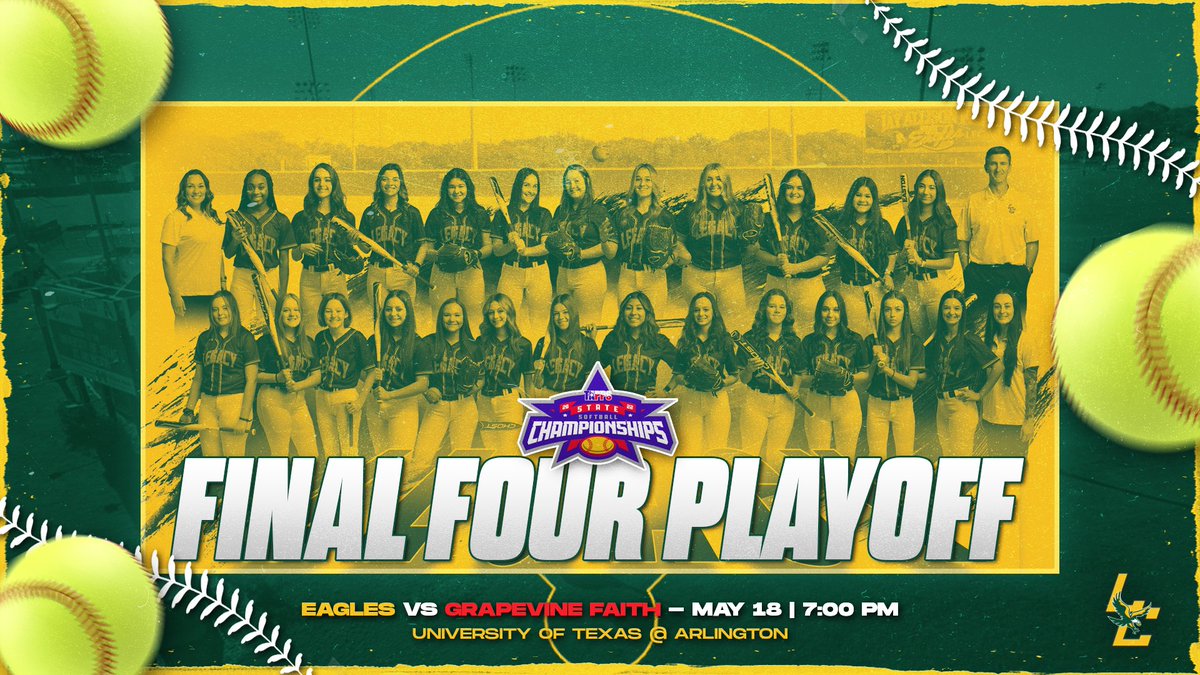 🥎🦅🚨 State Semi-Finals GAME DAY 🚨🥎🦅

📅 Wednesday, May 18
🆚 Grapevine Faith
📍 UT-Arlington - Saxe Field
⏰ 7:00 PM

Be there. Be loud. Wear green &amp; gold!
