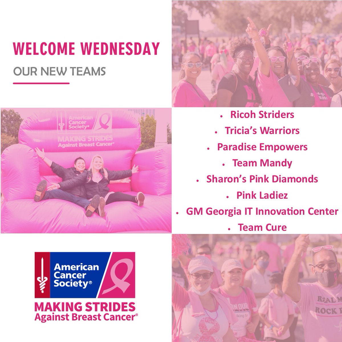 #WelcomeWednesday to some our 2022 Making Strides Teams
Haven't registered for this year's event? Go to MakingStridesWalk.org/Atlanta and sign up today
Don't forget this year's walk is on Saturday Oct. 22nd at Atlantic Station