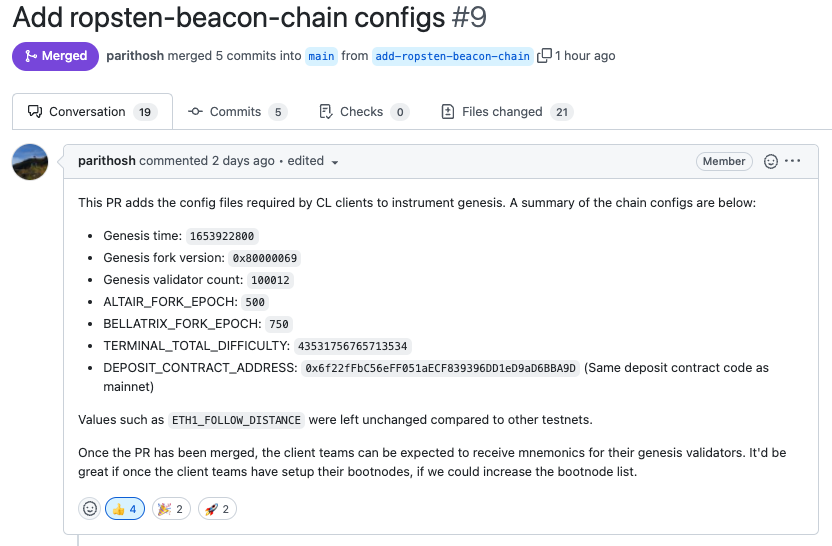 Ropsten-beacon-chain config has been merged! 
Expect client releases 🔜

Genesis: May 30, 3:00:00 PM (GMT)
Merge transition: ~ June 8