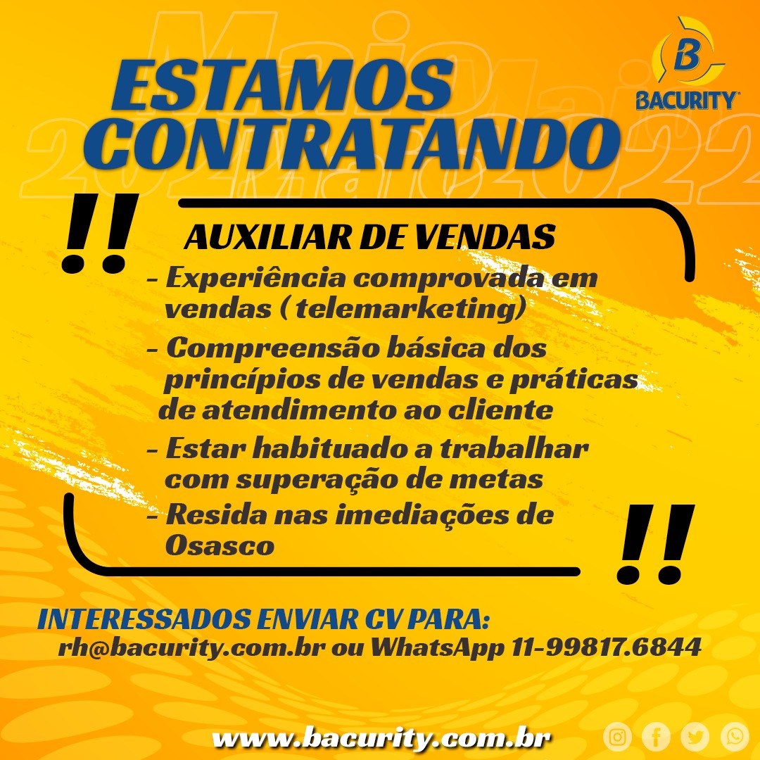 bacurity's tweet photo. ⚠️ OPORTUNIDADE ⚠️

A Bacurity está com vagas abertas para Auxiliar de Vendas e Vendedor. Arrasta pro lado e veja detalhes.

Boa sorte!

#bacurity #marcape #vagadeemprego #vagaparavendedor #emprego #osasco https://t.co/bfQVAq1VwN