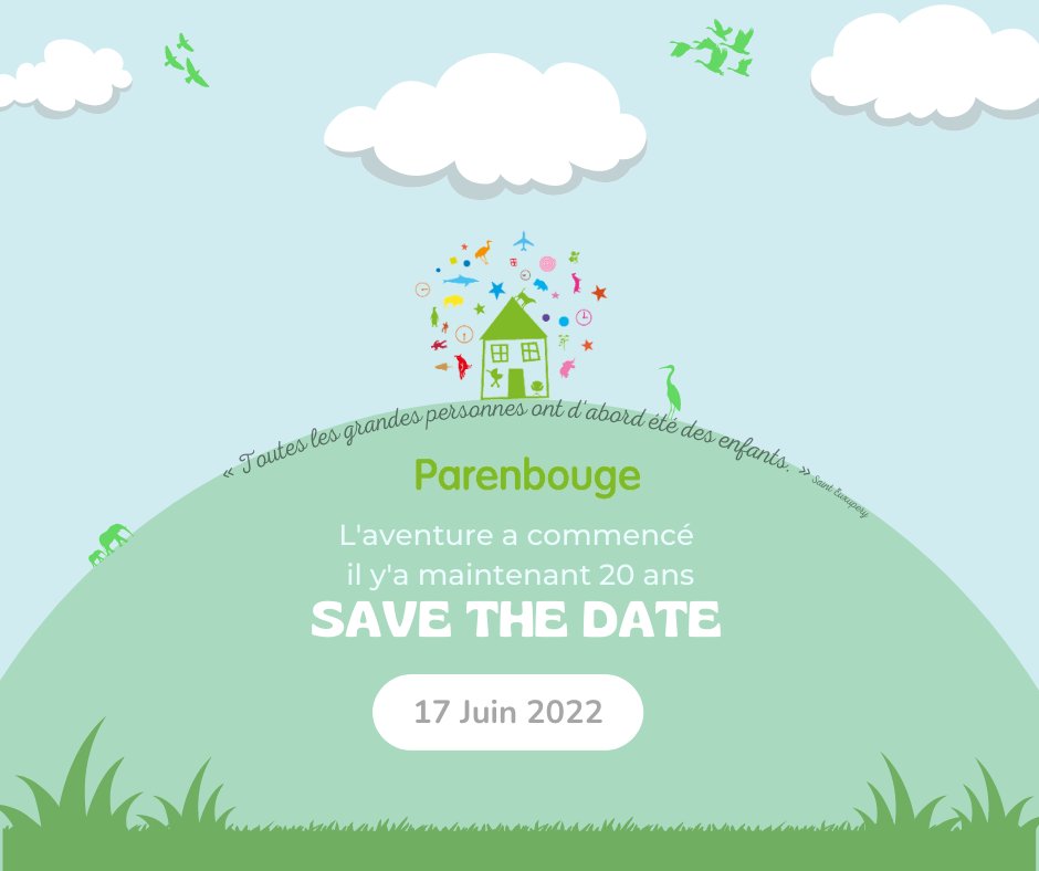 🥳-SAVE THE DATE -🥳 17 juin 2022
L'aventure Parenbouge a commencé il y a 20 ans !
Dans un mois, nous fêterons notre anniversaire 🎂 avec vous. 
Restez connecté pour découvrir ce que nous vous préparons😁.
#parenbouge #petiteenfance #anniversaire #creche #rennes #illetvilaine