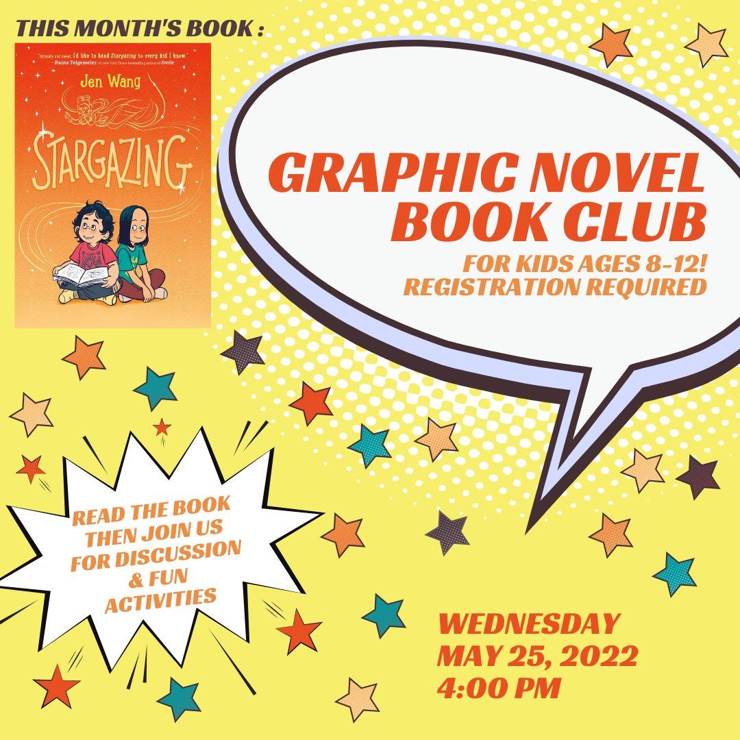 Join us on Wednesday, May 25 at 4:00 pm for our Graphic Novel Book Club! Read this month’s book, "Stargazing" by Jen Wang and come ready for discussion and activities. Copies are available at the Children's Desk. Ages 8-12. Register here bit.ly/RahwayLibrary !