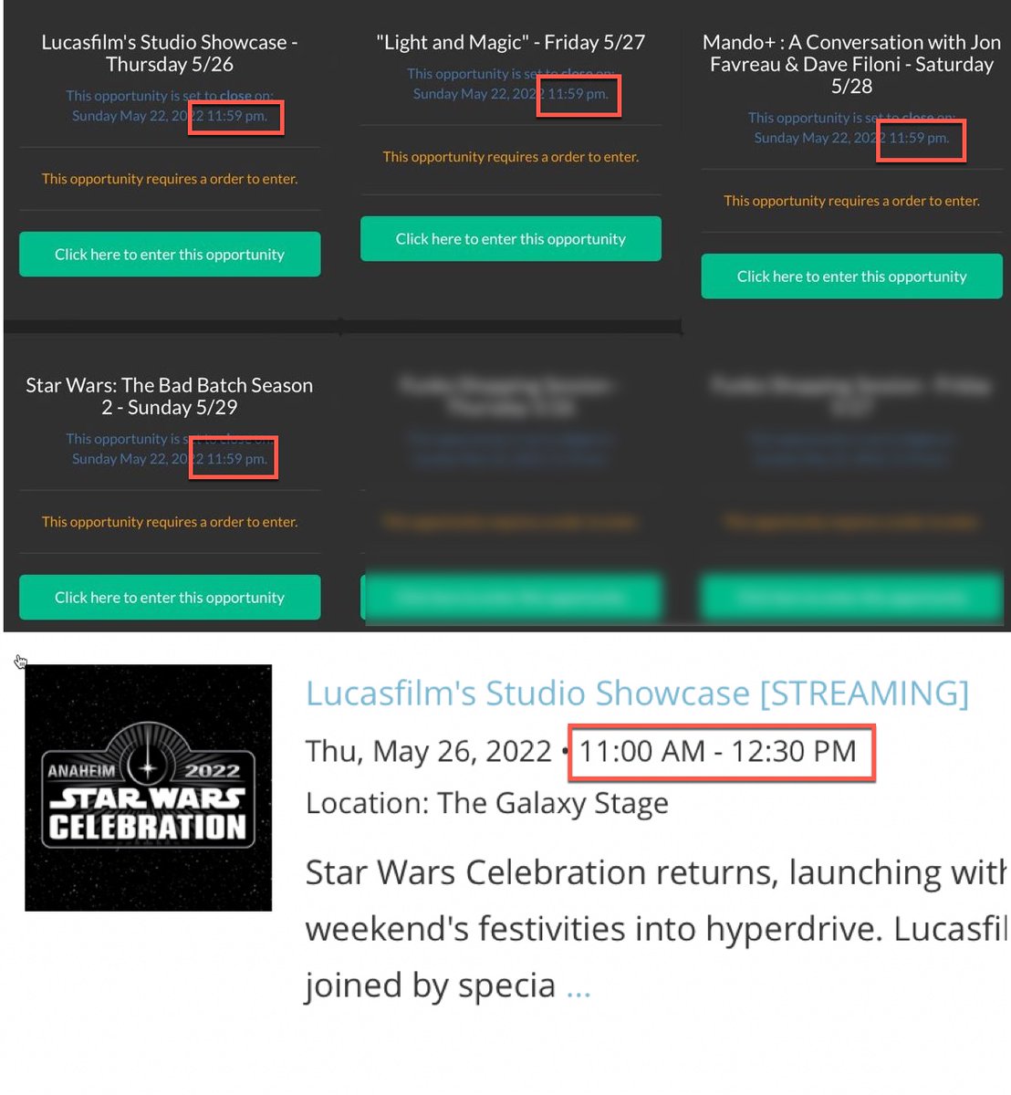 parel's tweet photo. @SW_Celebration In the reservation page the hour for all main events are at 11:59pm and in the web site at 11:00am. I assume the correct time is 11:00am, correct? https://t.co/cPfMeM9FwA