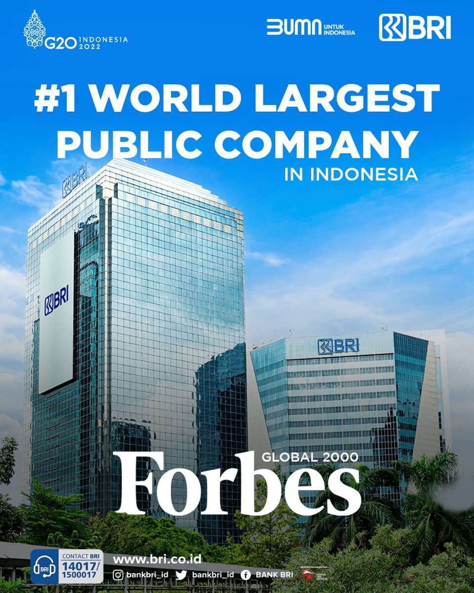kontakBRI's tweet photo. Kebangaan bagi negeri, BRI dinobatkan sebagai #1 perusahaan publik paling bernilai di Indonesia versi Forbes Global 2000. Dengan torehan prestasi yang membanggakan ini, semoga #BRI semakin fokus, seiring, dan sejalan agar tetap #MemberiMaknaIndonesia. https://t.co/W5v1bJOoZS