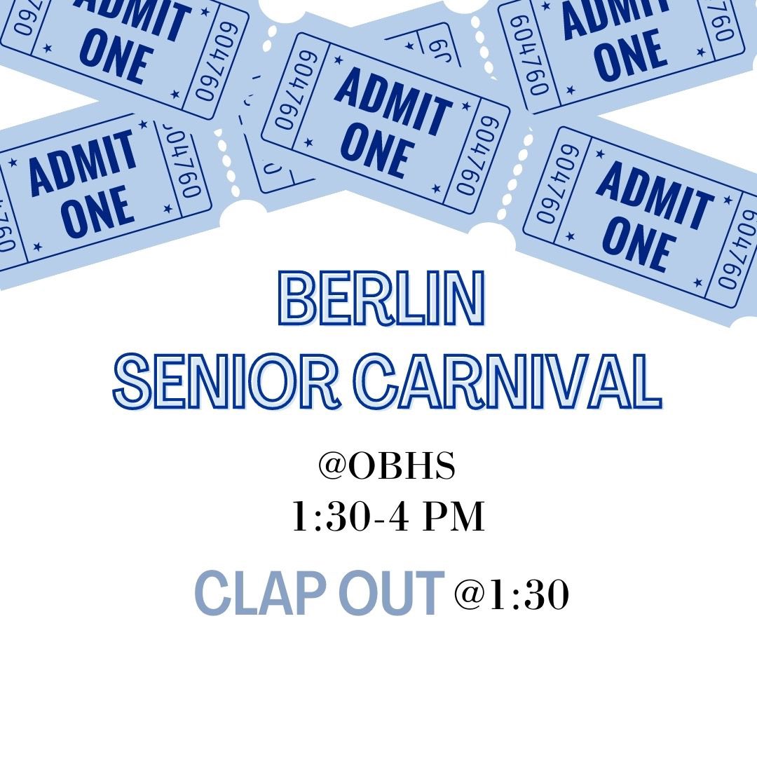 BERLIN SENIORS! The Senior Carnival is this Thursday, May 19th from 1:30-4 pm! The Senior Clap Out will be 1:30 with the Carnival to follow! There will be games, food, prizes and more! You won’t wanna miss it! <a href="/Todd_spinner/">OlentangyBerlinBears</a> @MainObhs <a href="/MrsMimnaEnglish/">Official 🐻 Mrs. Mimna</a> @Tyson_Porter