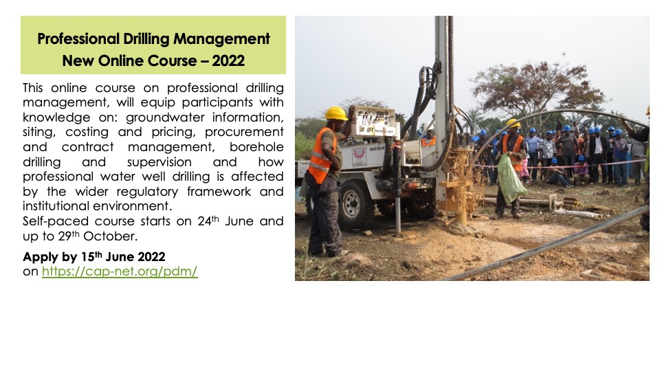 Applications are being now taken for the 2022 online course on professional drilling management hosted by Cap-Net UNDP 2022. cap-net.org/pdm/