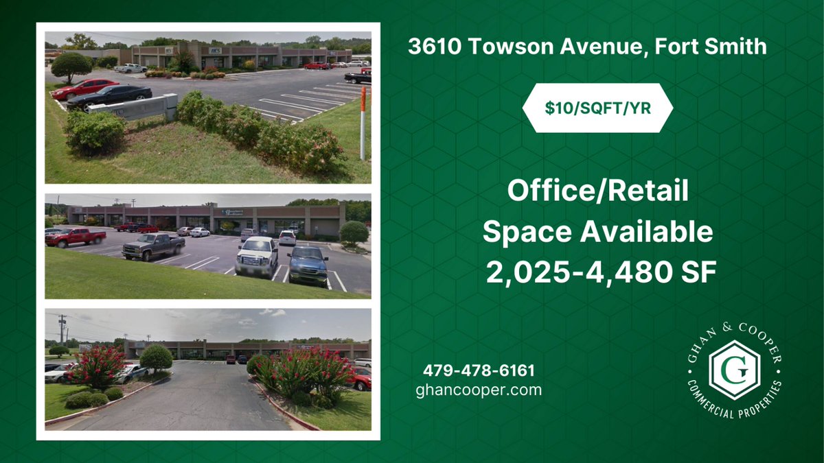 2,000 SF + of Retail/Office space. Less than 5 minutes from Downtown and 3 miles from I-540.​ Traffic light access, excellent visibility, ample parking, and quick access to the Oklahoma border to catch Arkoma Traffic.​ Call Ghan &amp; Cooper today to learn more at 479-478-6161.