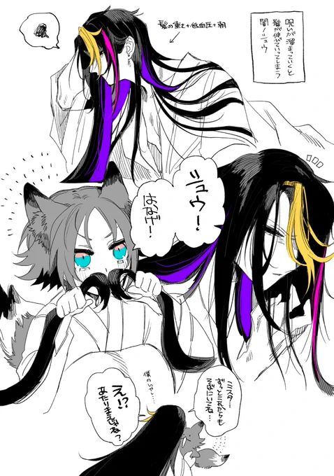 #shusta 
呪いの副作用(?)で髪が伸びてしまう呪術師と子狐 