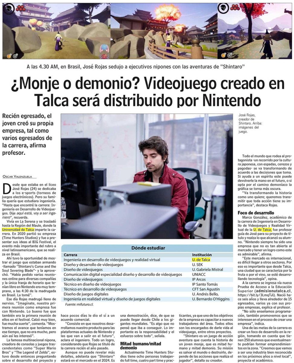 🔷 Videojuego "Shintaro" creado por egresado de la #UTalca José Rojas será distribuido por Nintendo. 

Revisa los detalles en la nota del medio <a href="/lun/">Las Últimas Noticias</a> ⬇️