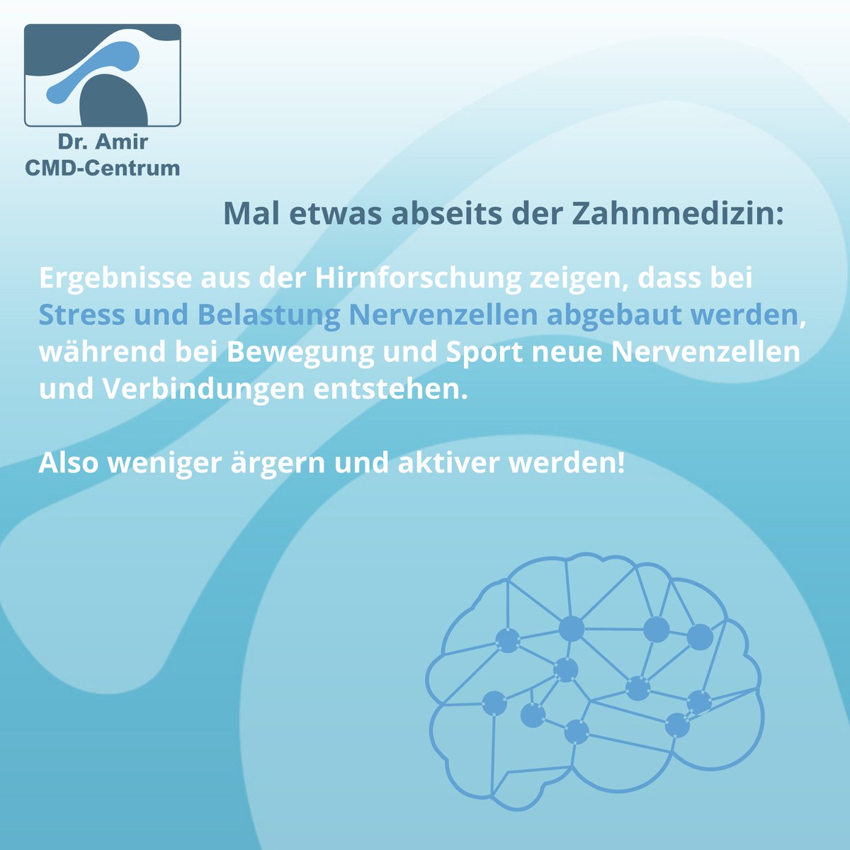 amir_cmd's tweet photo. Mehr Bewegung, weniger stressen lassen - so easy kann gesünder Leben sein! 😊
Und auch für unsere CMD-Patienten gilt es stets, Stress möglichst zu reduzieren, denn auch psychosoziale Faktoren können CMD-Symptome verstärken ☝🏻

#cmd #zahnarzt #gesundheit #gesundleben #neurologie https://t.co/SYXKHjoAeM