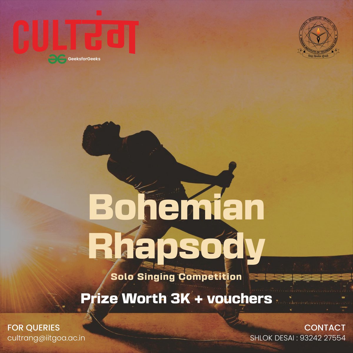 CultRangIITGoa's tweet photo. Those who wish to sing, always find a song!!🎶 Here's a chance for all vocalists to be in tune with the performer in you👨‍🎤. CultRang presents ‘Bohemian Rhapsody’ , a vocal #Singing  competition🎤.

Register now - Link in bio✨
#Netflix #CultRang #solosinging https://t.co/8OThLH7nTJ
