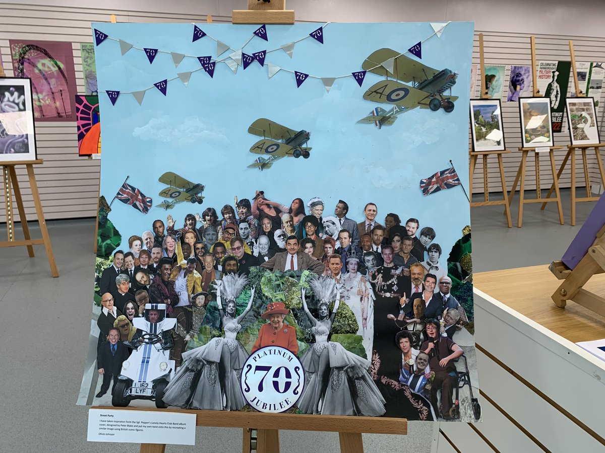 Princes_Mead's tweet photo. This image from @fcot Jubilee Exhibition is Street Party! Mimicking an iconic album cover can you name all the faces? There's lots more artwork on display, exhibition's open 11am to 3.30pm everyday until 5 June.
#HM70 #PlatinumJubilee #farnborough #art #fcot @farnboroughtc https://t.co/7HYA54AZLd