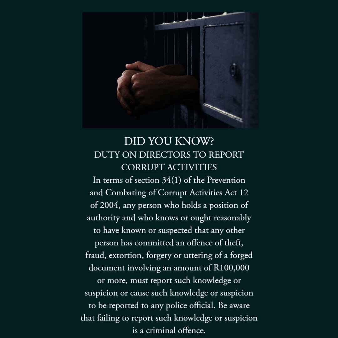 crafford_law's tweet image. For more information on directors' responsibilities and liabilities contact our office at 011 234 8789 / admin@craffordlaw.com
#director #DirectorsLiability #prevention #preventionofcorruption #preventionoffraud #legal #lawenforcement #law #criminallaw #attorney #Lawyer