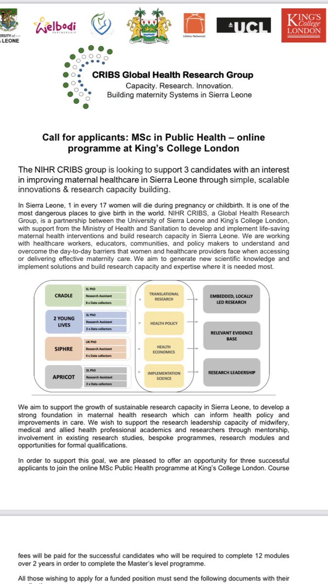 Andrew H Shennan OBE (@obsevidence) on Twitter photo We are looking for passionate MSc students in Sierra Leone to help improve maternity care as part of our CRIBS programme. <a href="/welbodi/">Welbodi Partnership</a> <a href="/kingsmedicine/">King's Faculty of Life Sciences & Medicine</a>
kcl.ac.uk/study/postgrad….
@kcl We are looking for passionate MSc students in Sierra Leone to help improve maternity care as part of our CRIBS programme. <a href="/welbodi/">Welbodi Partnership</a> <a href="/kingsmedicine/">King's Faculty of Life Sciences & Medicine</a>
kcl.ac.uk/study/postgrad….
@kcl