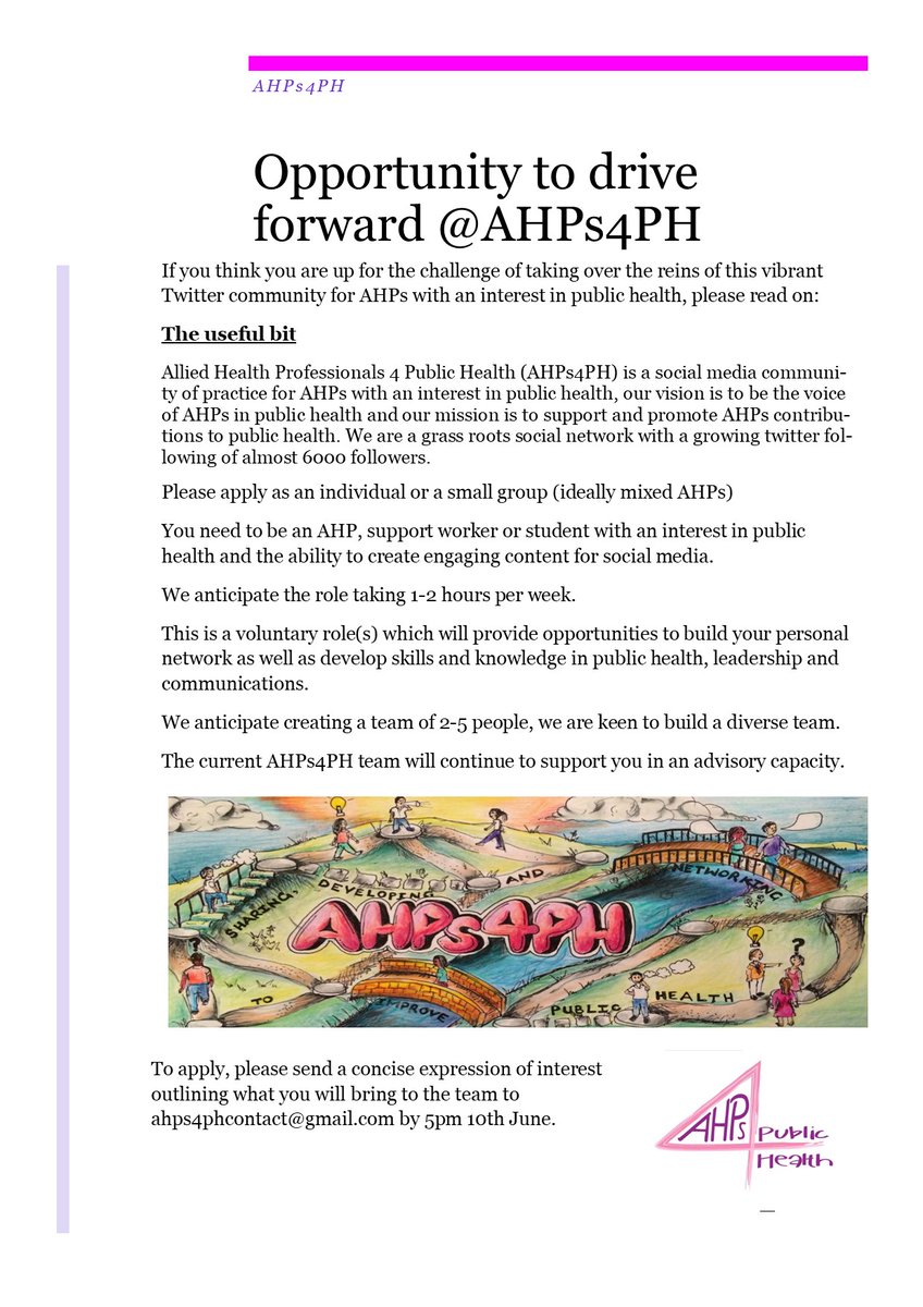 AHPs4PH's tweet photo. @AHPs4PH are looking for new team members! 👇👇
We are looking for new people to join our team, #AHPs, #AHPSupportWorkers or #AHPStudents. More info in the advert below!
Send EOIs to ahps4phcontact@gmail.com by 5pm on the 10th June and share with your networks https://t.co/5EKzUjt8jt