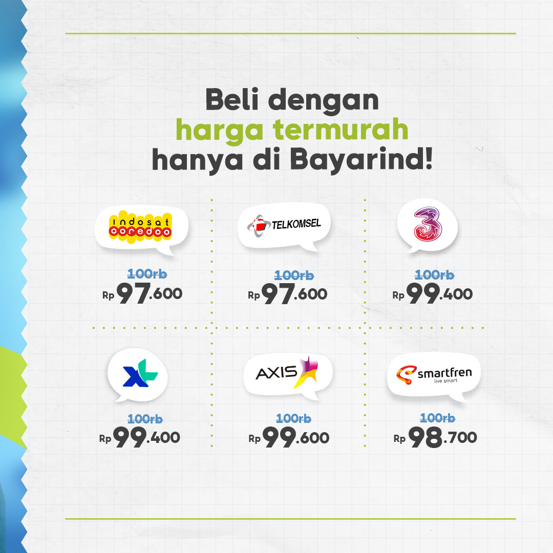 Yang mau telfonan lancar, yuk isi pulsa kamu dulu!

Belinya pakai Bayarind aja, karena pilihan pulsanya lengkap, harganya murah, bisa diisi kapanpun &amp; dimanapun kamu mau.