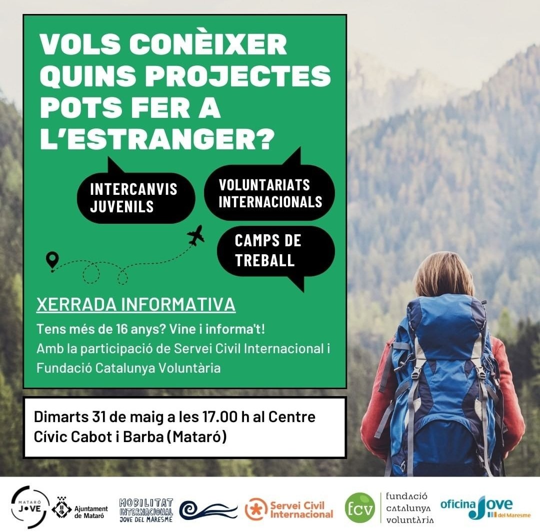 Xerrada informativa sobre els projectes de mobilitat internacional 🤩

🗓️ 31 de maig
🕔 17h
📍Centre Civíc Cabot i Barba, Mataró

Inscripcions: docs.google.com/forms/d/e/1FAI… 

T'hi esperem!