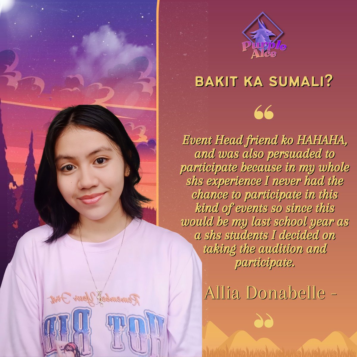 spcshsalce's tweet photo. #PurpleAlce
#LetAlceReclaimTheThrone #VioLetsWin
#KagatNgAlceRawr
Spiels by: Anika Rose A. Galaraga & Princess Faye David
Layout by: Ryza Gandaruza https://t.co/mSsb6qwjuo