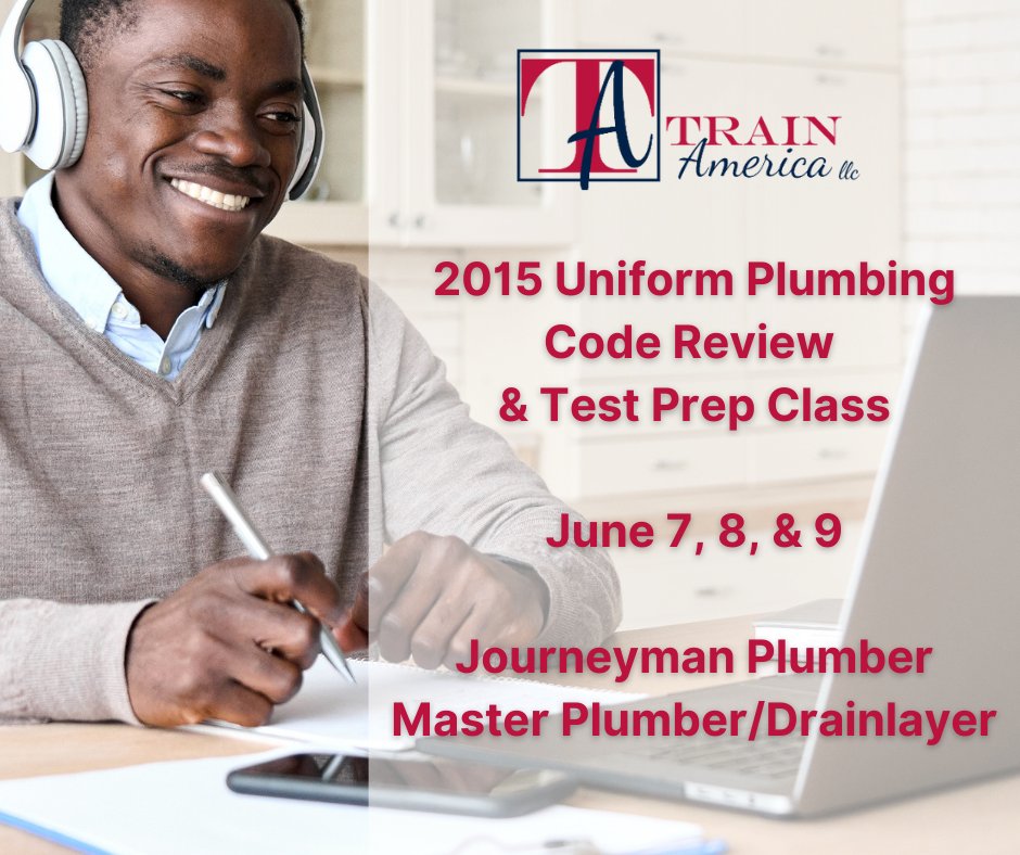 PlumbIndCouncil's tweet photo. Affliliate member, Train America is holding a Code Review and Test Prep Class that begins June 7.  Classes are held virtually on Zoom with Master Plumber/Certified Plumbing Designer, Mark Trojahn. Register at https://t.co/747U0YdLCI https://t.co/Soz94jv0Ps