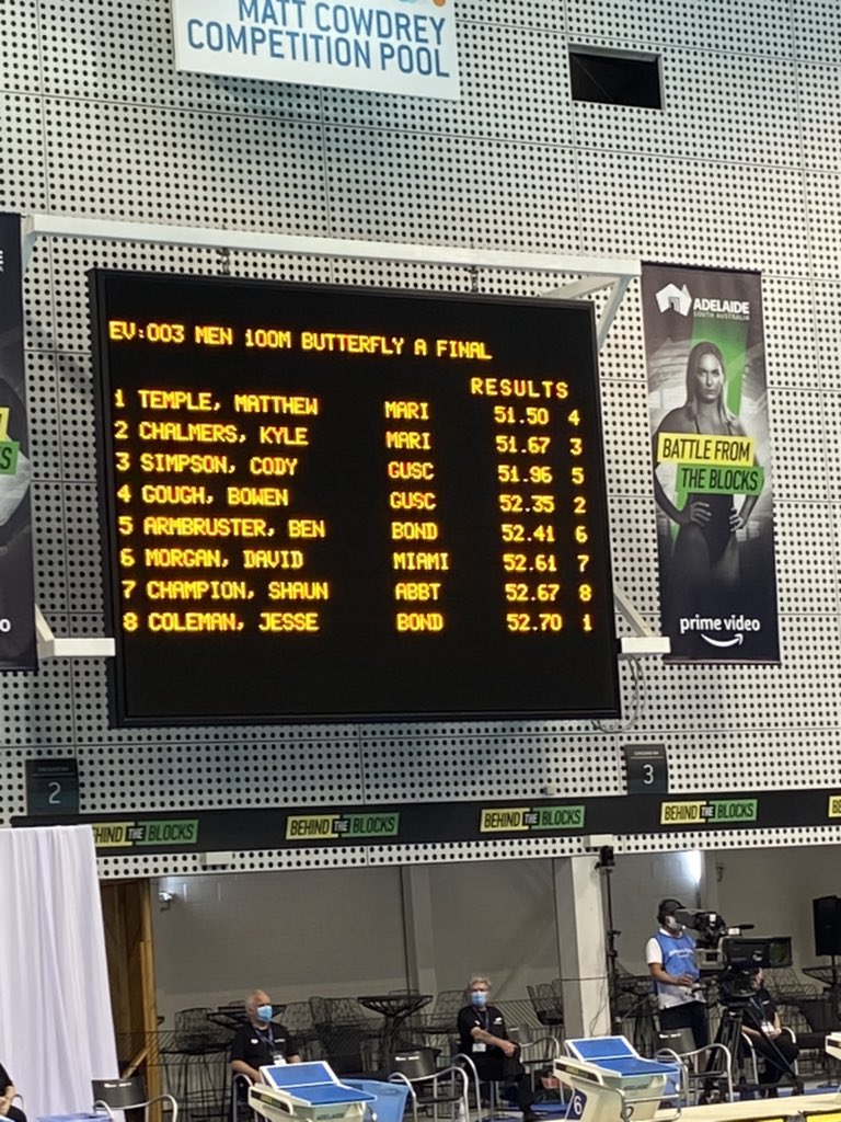 tomdecent's tweet image. Matt Temple touches the wall first in 100m butterfly as Cody Simpson finishes third. What a yarn. He’ll be (very likely) heading to the Commonwealth Games for Australia later this year