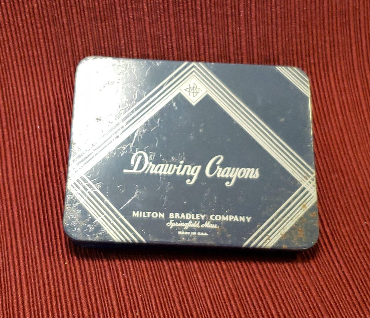 atticesoterica's tweet photo. Vintage Milton Bradley Company Drawing Crayons In Original Navy And Silver Metal Tin Which Includes 8 Pressed Crayons In Primary Colors https://t.co/JnGaSRV8l7 #Curios #Vintage #Collectibles #AtticEsoterica #Antiques #BestOffer #Etsy #DrawingCrayons https://t.co/sCIMNhLLMP