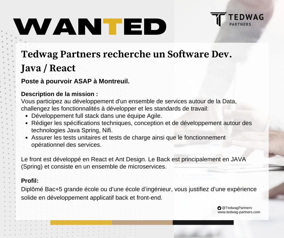 TedwagPartners's tweet photo. 🔎WanTed : Tedwag Partners recherche un Software Dev. Java / React pour le compte de son client- A vos CV !
#JAVA, #SPRING, #springboot, #springsecurity, #React, #CSS3, #Javascript, #AntDesign #Bootstraps #Materials #Oracle, #PostGreSQL, #Nifi, #GIT, #Docker, #Jenkins, #Ansible https://t.co/a4J6sSvh5o