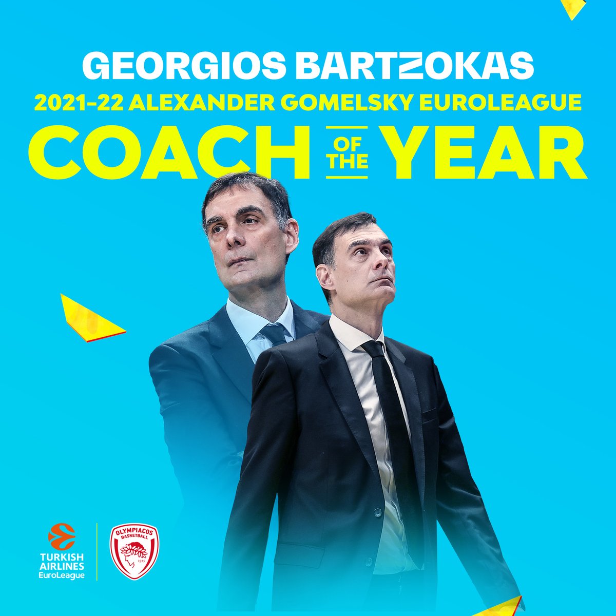 The 2021-22 Alexander Gomelsky EuroLeague Coach of the Year is Georgios Bartzokas of <a href="/olympiacosbc/">Olympiacos B.C.</a> 🏆 👏