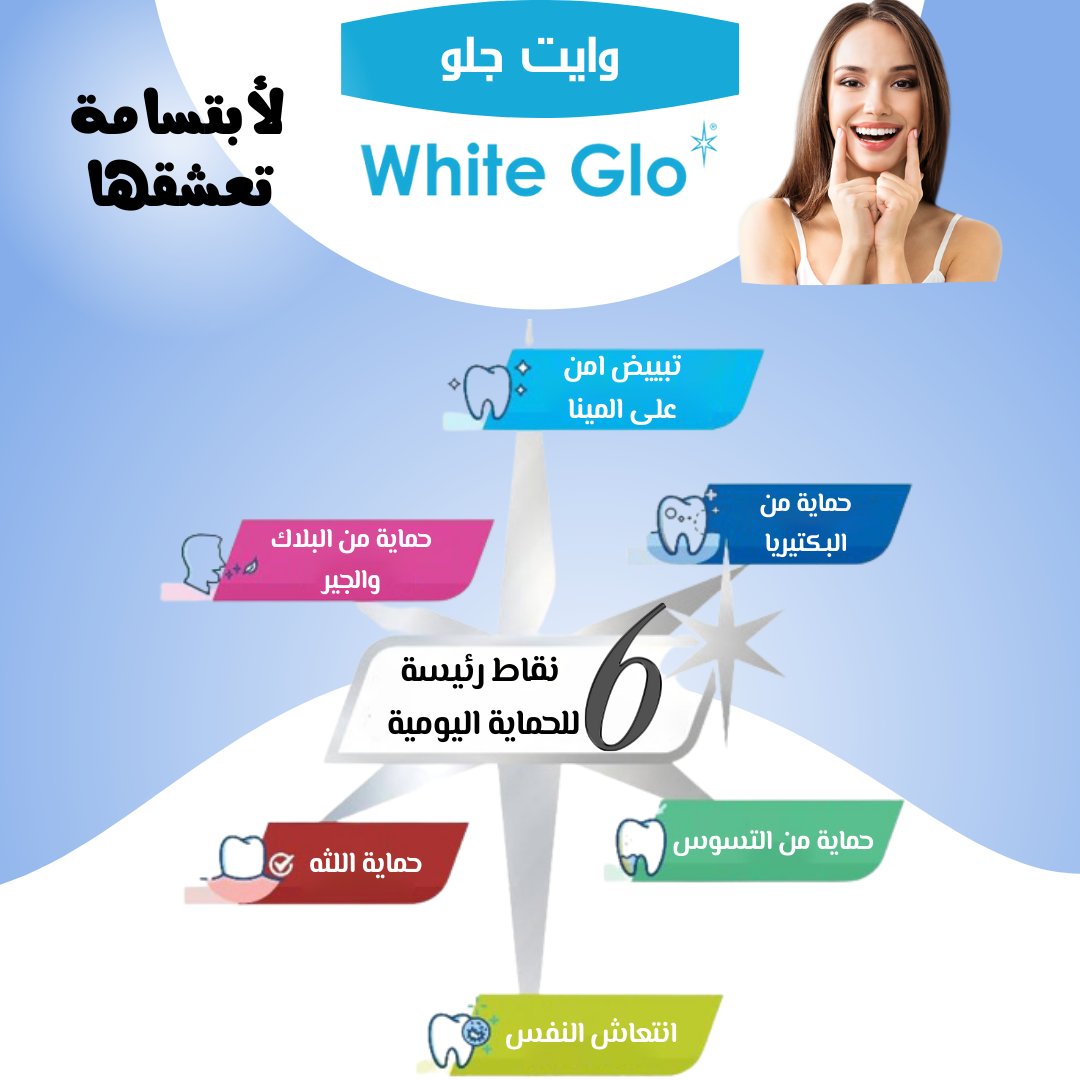 whitegloksa's tweet photo. تمثل الخواص ال 6 لمنتجات وايت جلو المتطلبات اليومية الرئيسية الستة التي يوصي بها #اطباء_الأسنان في #معجون_الاسنان اليومي
والتي تغطي جميع جوانب #العناية_بالفم مثل 
#تبييض_الاسنان
#تسوس_الاسنان
#البلاك و #الجير
#البكتيريا في #الفم
صحة #اللثة
#رائحة_الفم
https://t.co/JLGr4CBjet https://t.co/zW8vIV9lDq